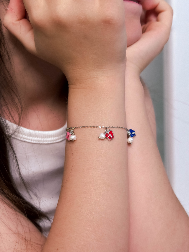 Model Wearing Little Princess Enamel Butterfly Charm Bracelet in Sterling Silver Adjustable Length 925 Metal Stone 11.5 cm 3.2gms