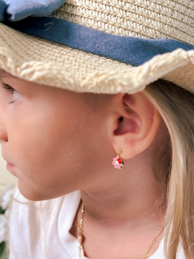 Model Wearing Little Princess Flower Dangle Earrings in 18k Gold Plated Sterling Silver Jewelry for Pierced Ears 925 Metal One Size 1.9gms