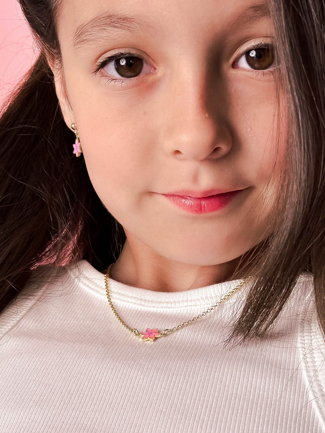 Model Wearing Little Princess Flower Necklace in 18k Gold Plated Sterling Silver Adjustable Length 925 Metal 14 inches 3.6gms