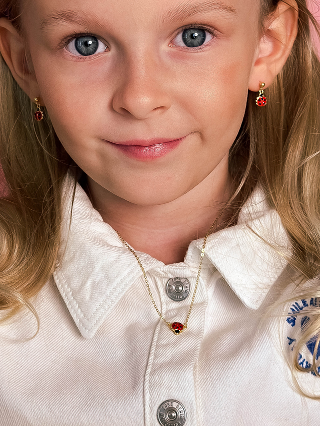 Model Wearing Little Princess Lady Bug Necklace in 18k Gold plated Sterling Silver Adjustable Length Plated 925 Metal One Size 3.5gms