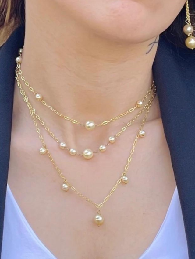 Model Wearing Myra Pearl Necklace in 18K Gold Plated Sterling Silver Adjustable Length 18k 925 Metal Stone One Size 12.4gms