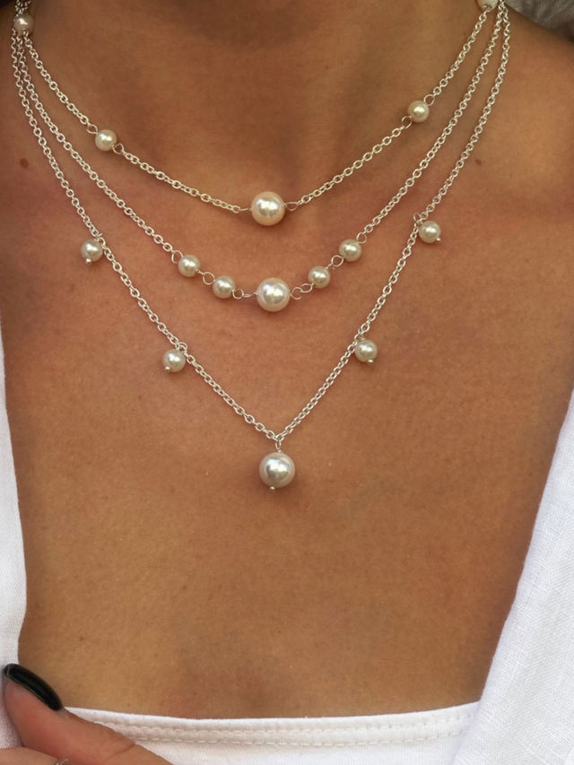 Model Wearing Myra Pearl Necklace in 925 Sterling Silver Adjustable Length Metal Stone One Size 12.4gms