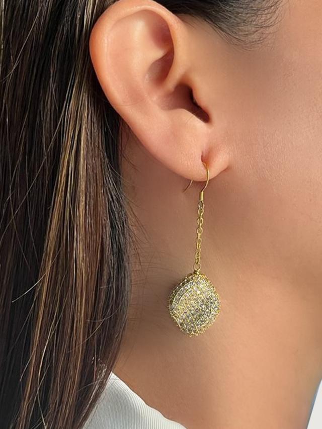 Model Wearing Natasha Nugget Dangle Earrings in 18K Gold Plated Sterling Silver Jewelry for Pierced Ears Brass 925 Metal Stone One Size 12.6gms