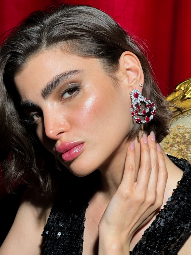 Model Wearing Regalia Statement Earrings in Sterling Silver Jewelry for Pierced Ears 925 Metal Stone One Size 29.8gms