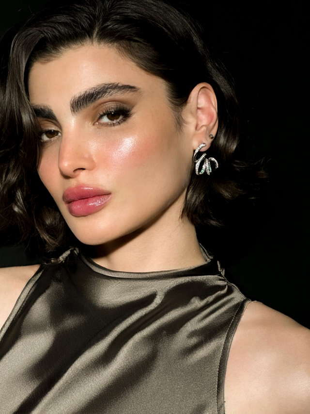 Model Wearing Zarifah Ribbon Earrings in Sterling Silver Jewelry for Pierced Ears 925 Metal Stone One Size 7.6gms