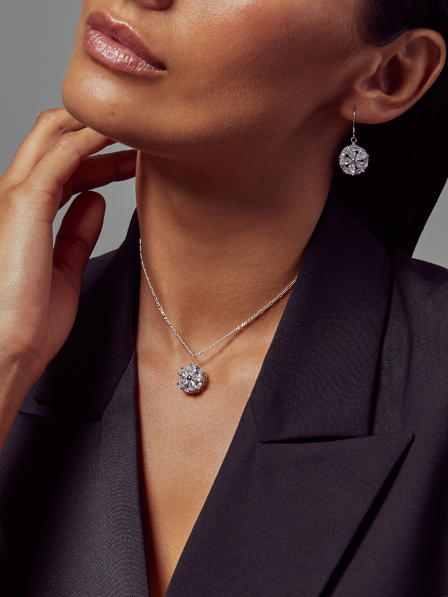 Model Wearing Zora Pendant Necklace in Rhodium Plated Metal Fixed Length 925 Sterling Silver Brass One Size 4gms