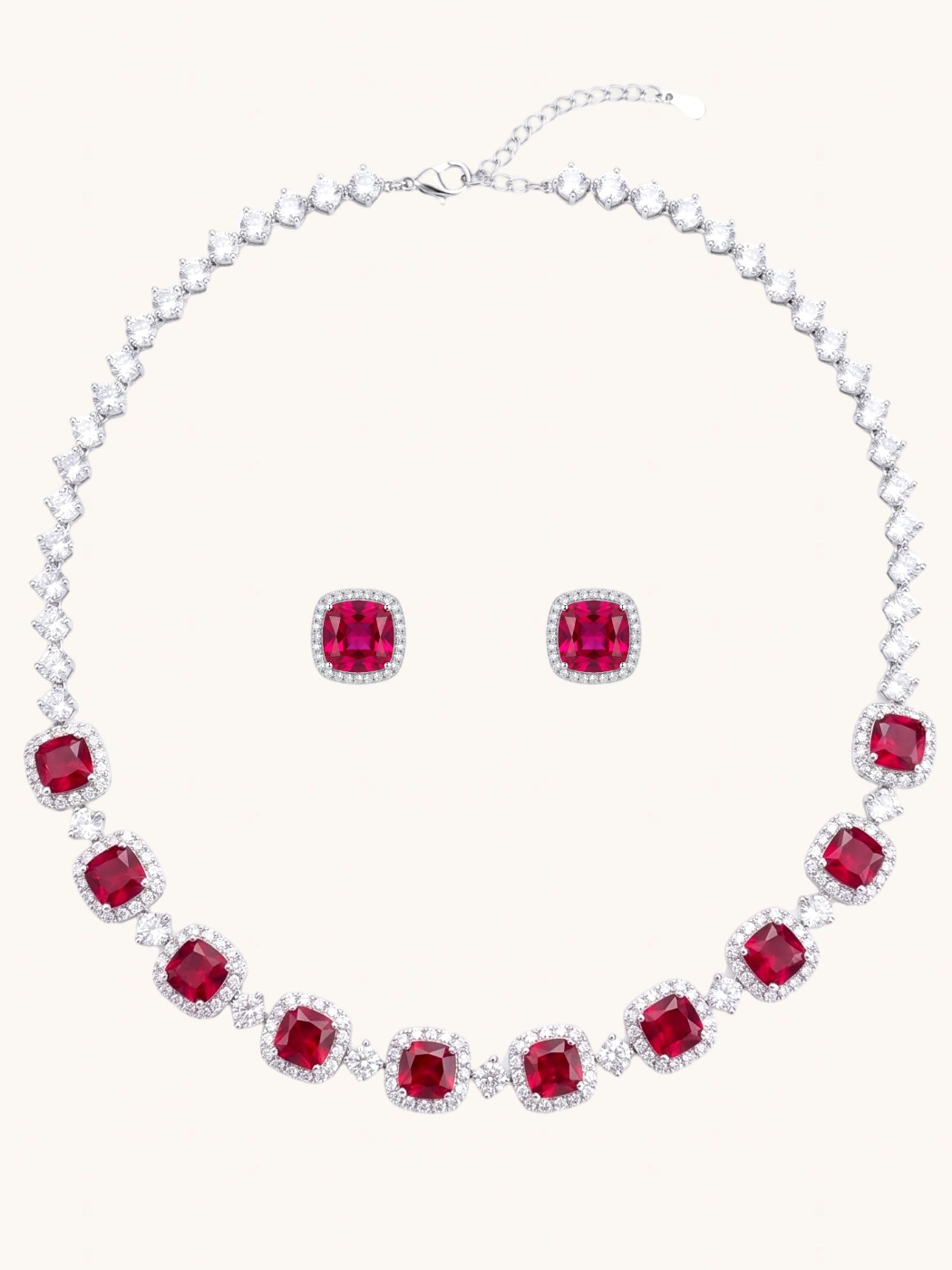 Front View of Martina Necklace and Earrings Set-Red Comfort Fit Rhodium Plated Brass One Size 37.4gms