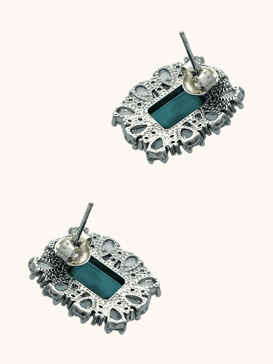 Rear View of Felicity Green Stud Earrings in Rhodium Plated Metal Jewelry for Pierced Ears Copper Post / Pin & Push 925 Sterling Silver Stamp Marked One Size 6.5gms