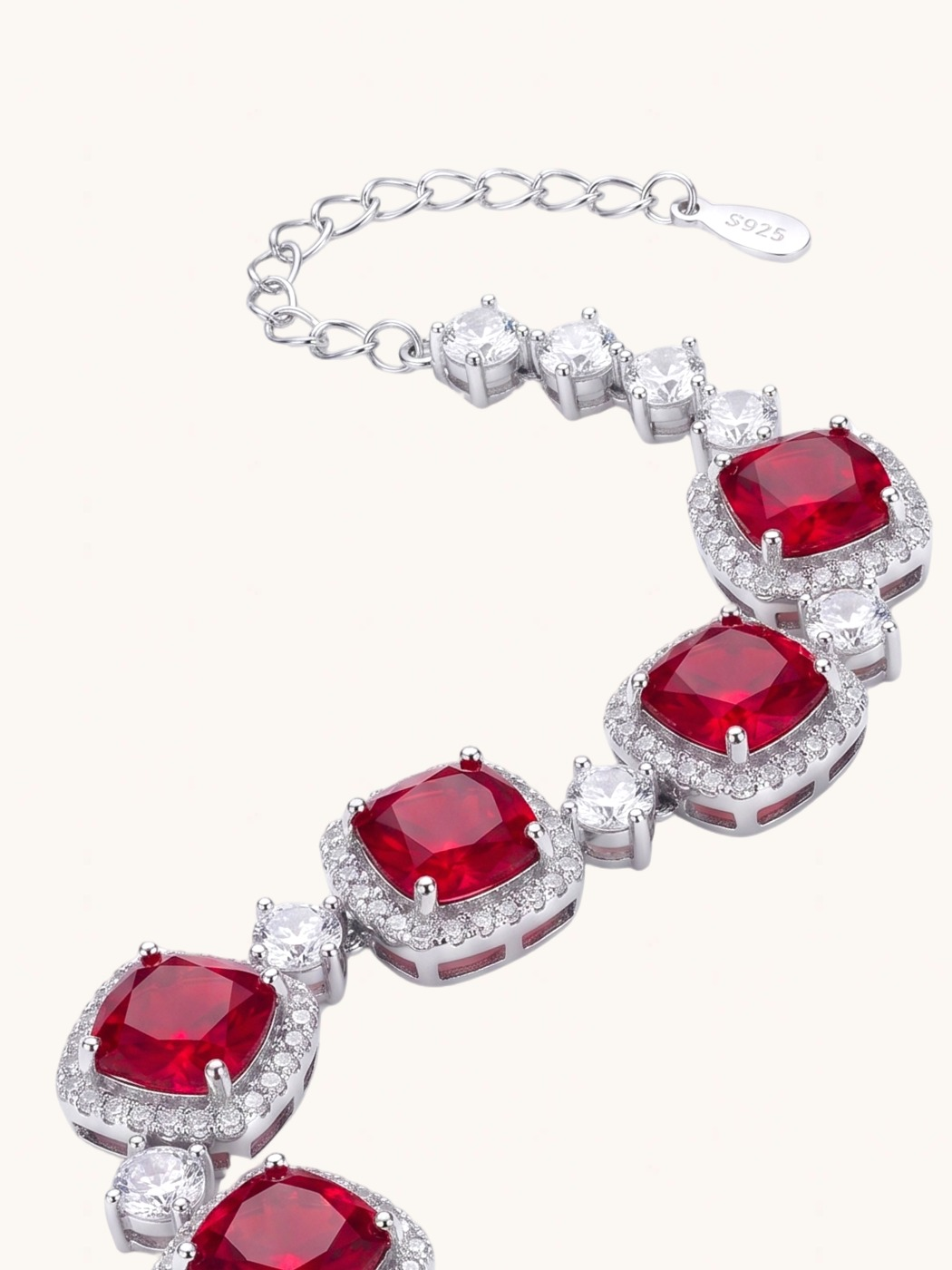 Closeup of Martina Bracelet-Red Comfort Fit Rhodium Plated Copper Metal 8 inches 14.4gms