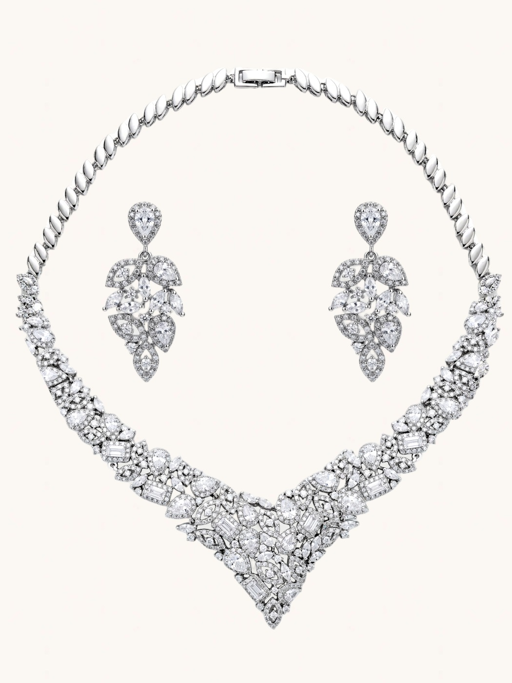 Front View of Thea Necklace Set Comfort Fit Rhodium Plated Copper One Size 67gms