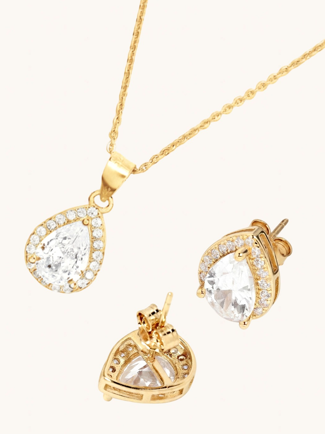 Closeup of Zia Drop Pendant Necklace & Stud Earrings in 18k gold plated 925 sterling silver Comfort Fit Gold Plated Sterling Silver 16 inches 4.8gms