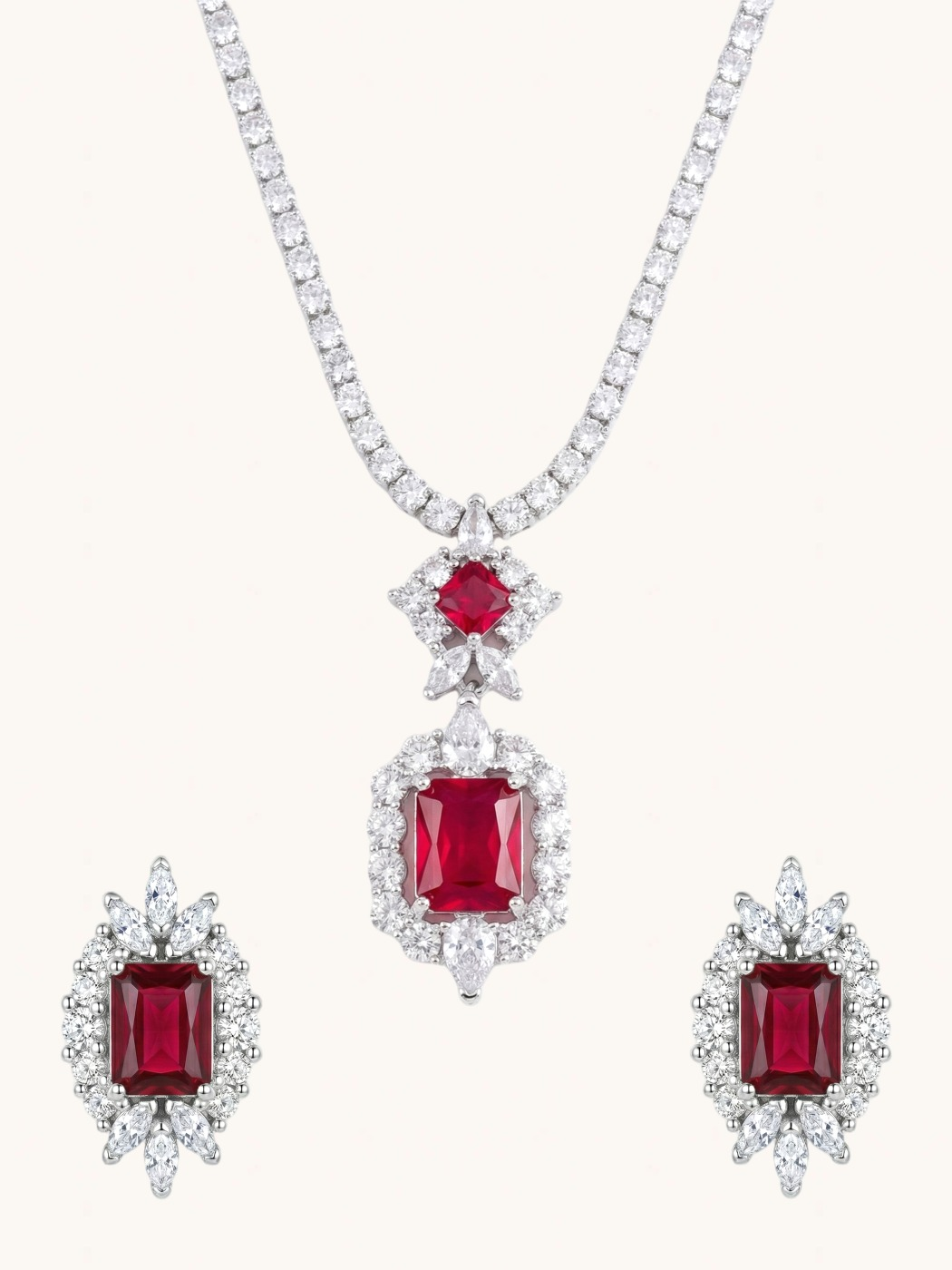 Front View of Amaris Tennis Necklace and Earrings in Rhodium Plated Metal-Red Comfort Fit Copper 16 inches 22.1gms Mix Metal