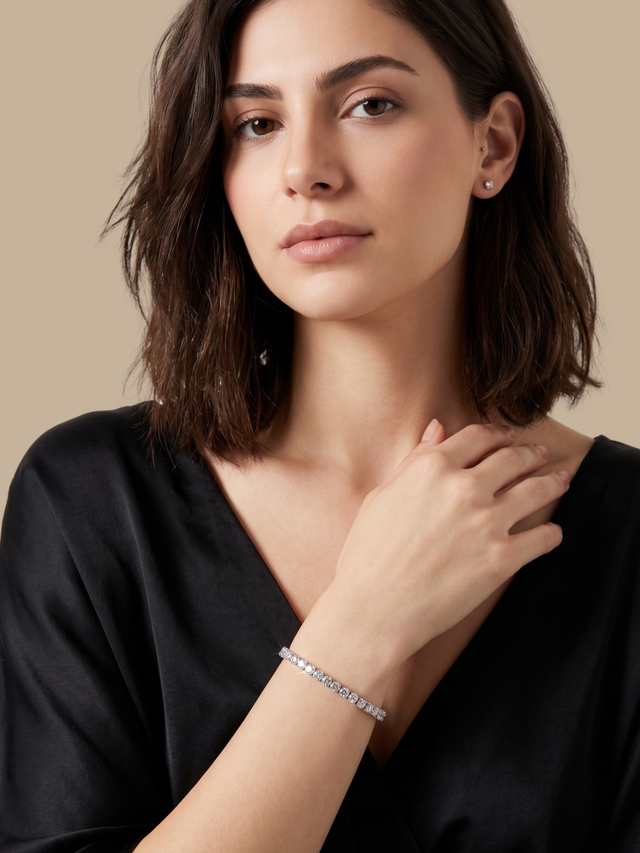 Model Wearing Zara Tennis Bracelet Adjustable Length 925 Sterling Silver 10 inches 9.3gms