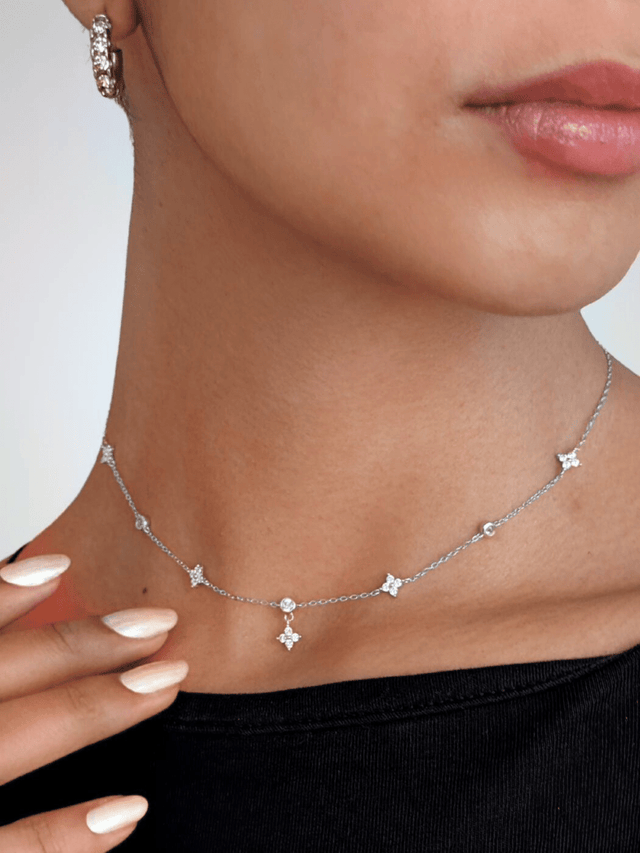 Model Wearing Irene Star Charm Necklace in 925 Sterling Silver Adjustable Length Metal 17 inches 2.2gms