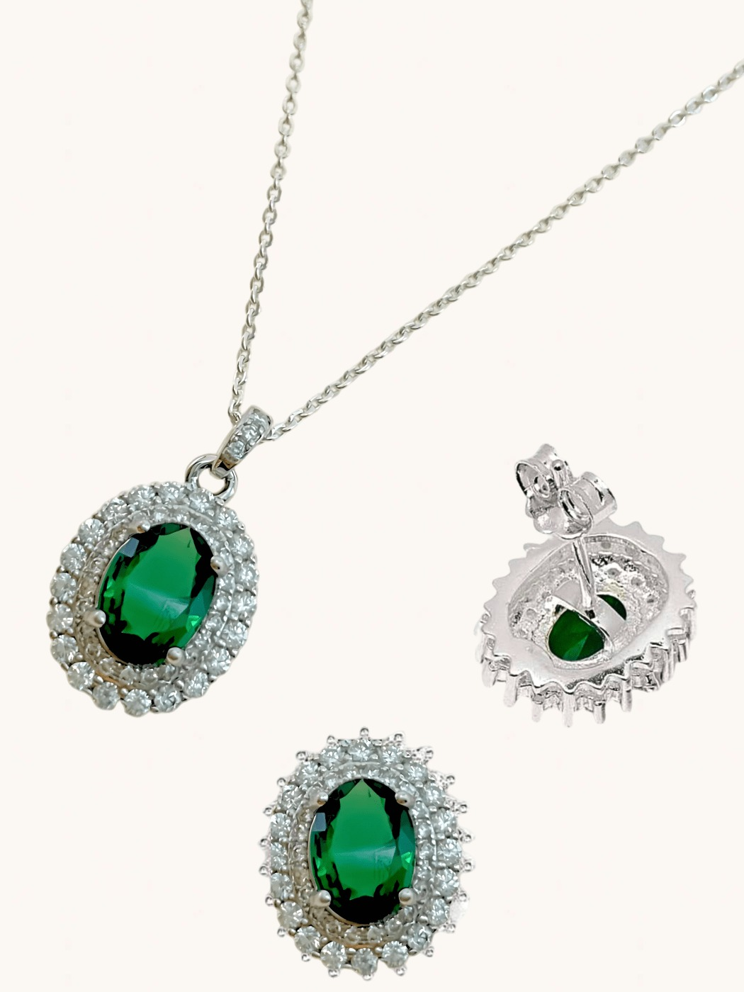 Closeup of Ayesha Necklace and Earrings Set in Sterling Silver- Green Fixed Length 925 Silver Metal Stone One Size 9gms