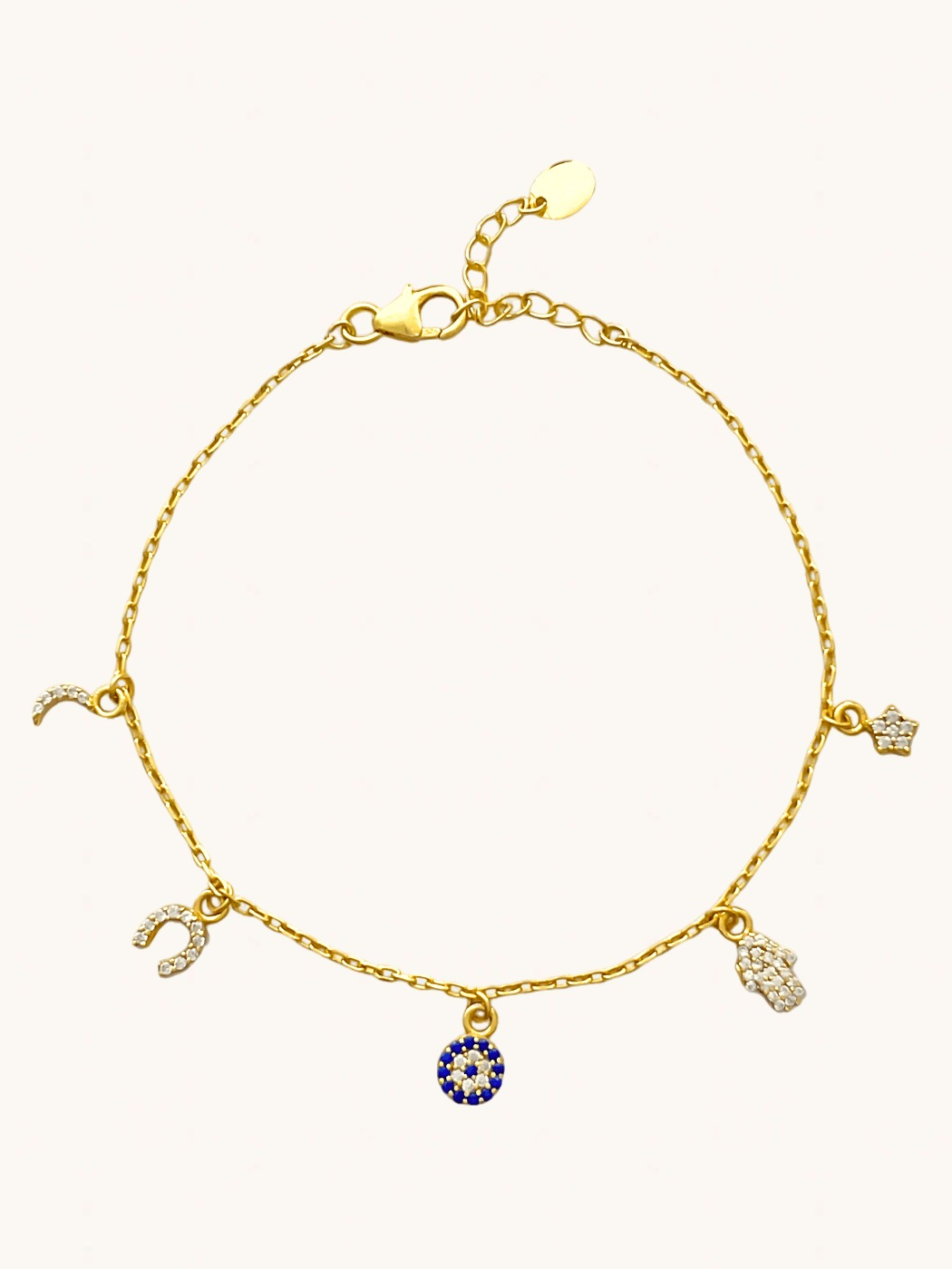 Front View of Rayan Charm Bracelet in 18k Gold Plated Sterling Silver Adjustable Length 925 Metal Stone 20 cm 2.3gms