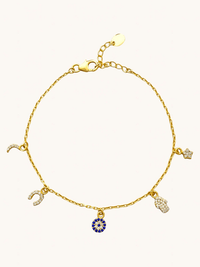 Front View of Rayan Charm Bracelet in 18k Gold Plated Sterling Silver Adjustable Length 925 Metal Stone 20 cm 2.3gms
