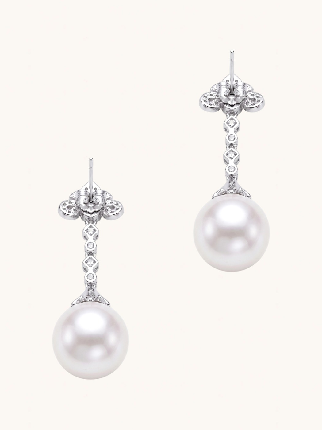 Rear View of Perlina Pearl Dangle Earrings Jewelry for Pierced Ears Post / Pin & Push in 925 Sterling Silver Stamp Marked Rhodium Plated Copper 4 cm 11.4gms
