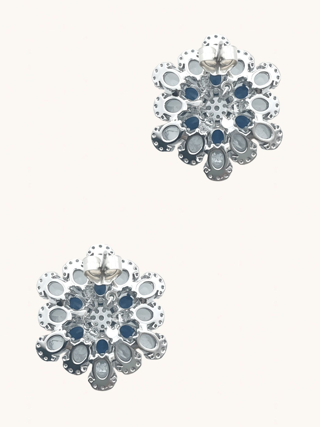 Rear View of Peony Stud Earrings in Rhodium Plated Metal-Blue Jewelry for Pierced Ears 925 Sterling Silver 2.5 cm 11.8gms