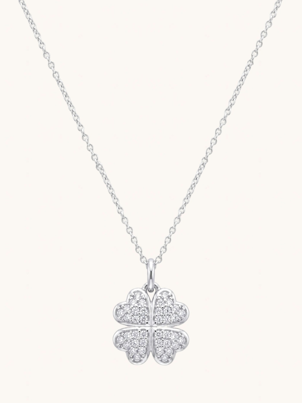 Front View of Cara Clover Pendant Necklace Fixed Length 925 Sterling Silver Rhodium Plated Brass 16 inches 2.5gms