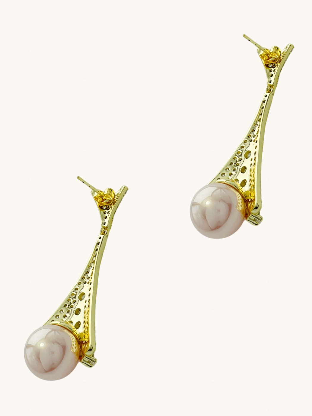 Rear View of Madeline Pearl Dangle Earrings in 18K Gold Plated Metal Jewelry for Pierced Ears Copper Stone One Size 11.5gms Sterling Silver