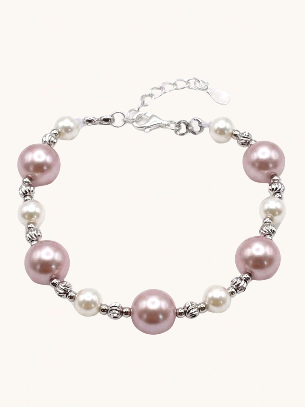 Front View of Belle Blush Pearl Bracelet Adjustable Length 925 Sterling Silver Rhodium Plated Brass 6 inches 11.1gms