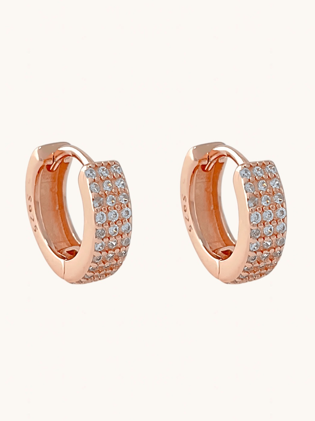 Front View of Lia Huggie Hoop Earrings in 18k Rose Gold plated Sterling Sliver Jewelry for Pierced Ears Plated 925 Silver Metal Stone One Size 2.8gms