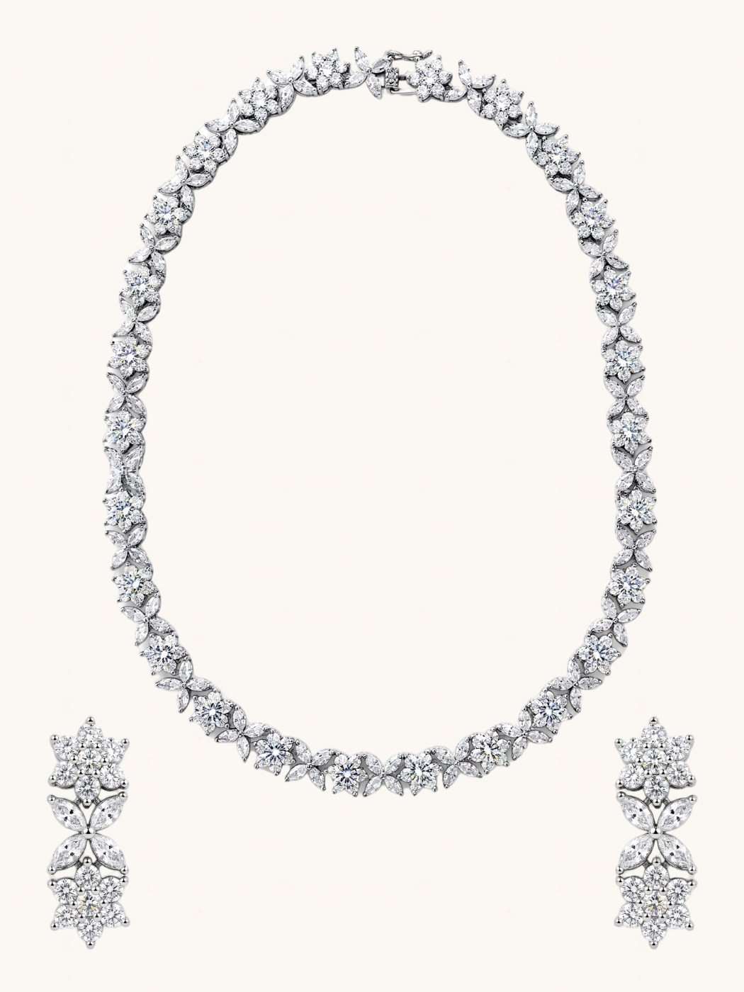 Front View of Lumiere Necklace Set with Earrings in Rhodium Plated Metal Comfort Fit Copper 16 inches 47.3gms Mix