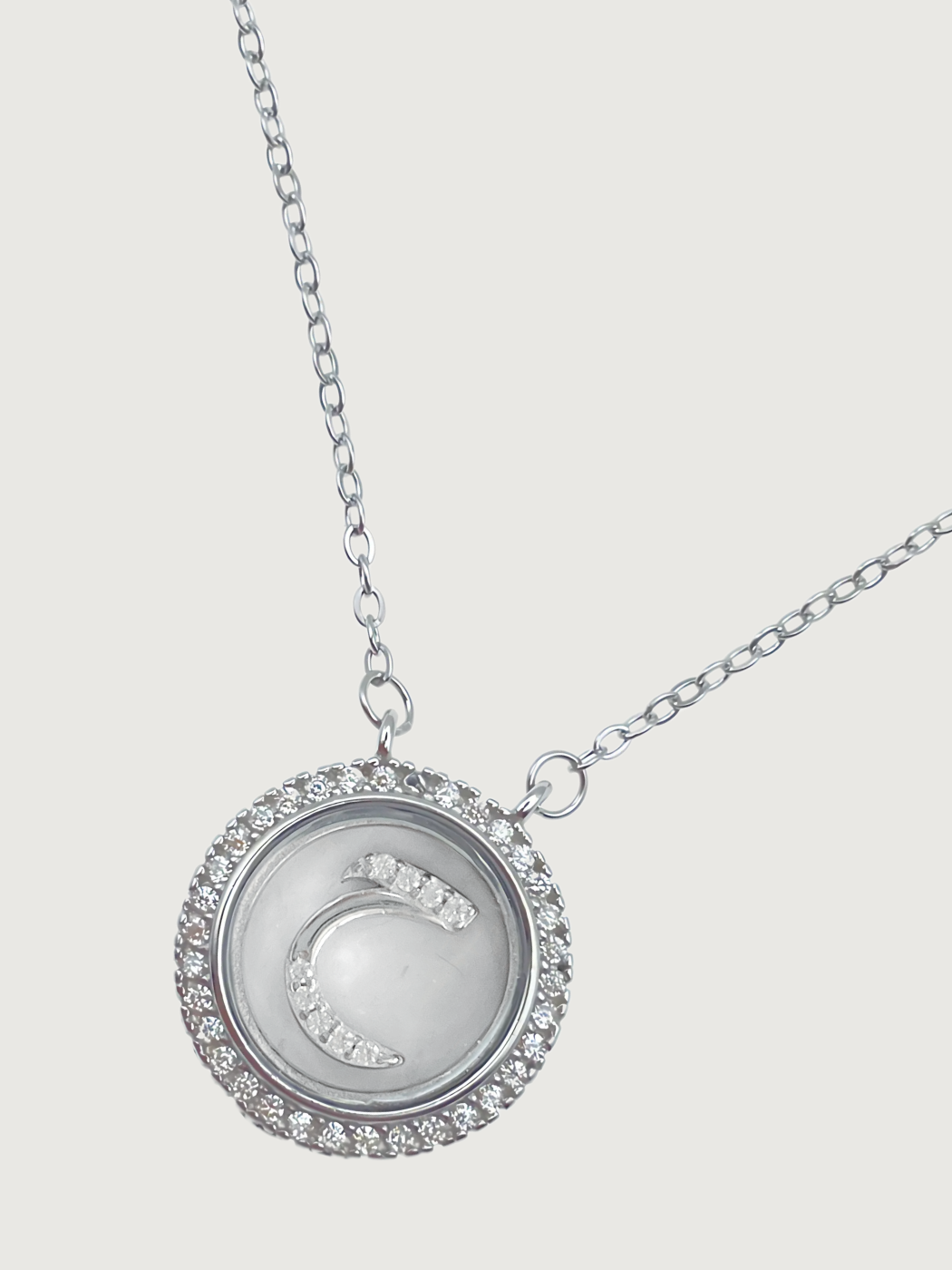 Closeup of Arabic Letter "Hhaa" Charm Pendant Necklace in 925 Sterling Silver Comfort Fit Metal 16 inches 4.2gms
