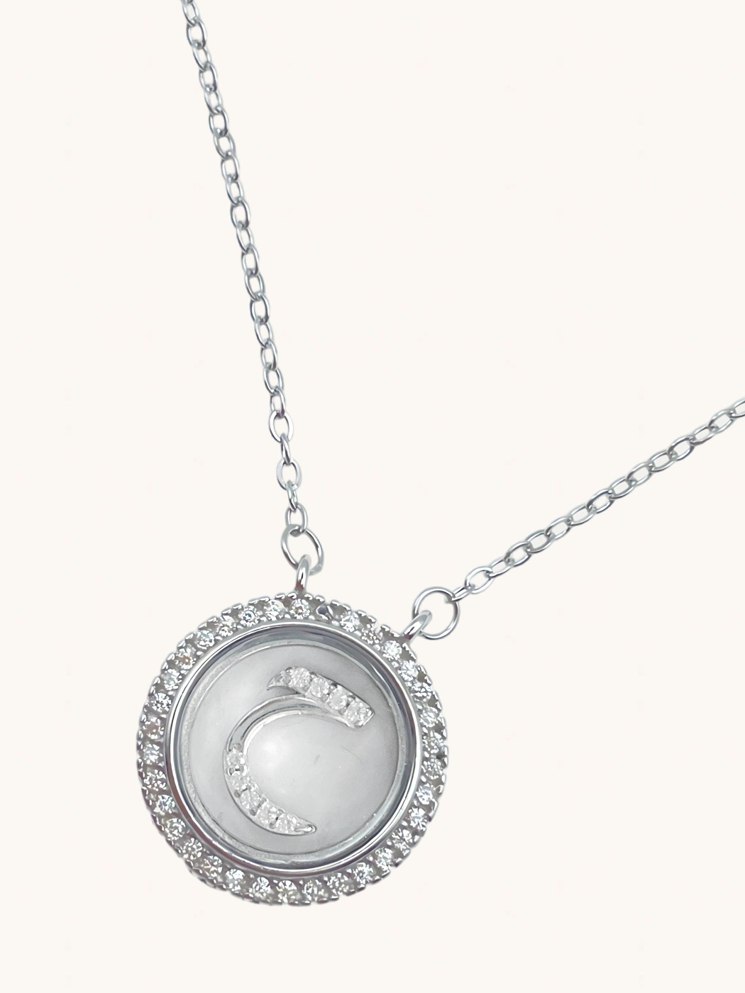 Closeup of Arabic Letter "Hhaa" Charm Pendant Necklace in 925 Sterling Silver Comfort Fit Metal 16 inches 4.2gms