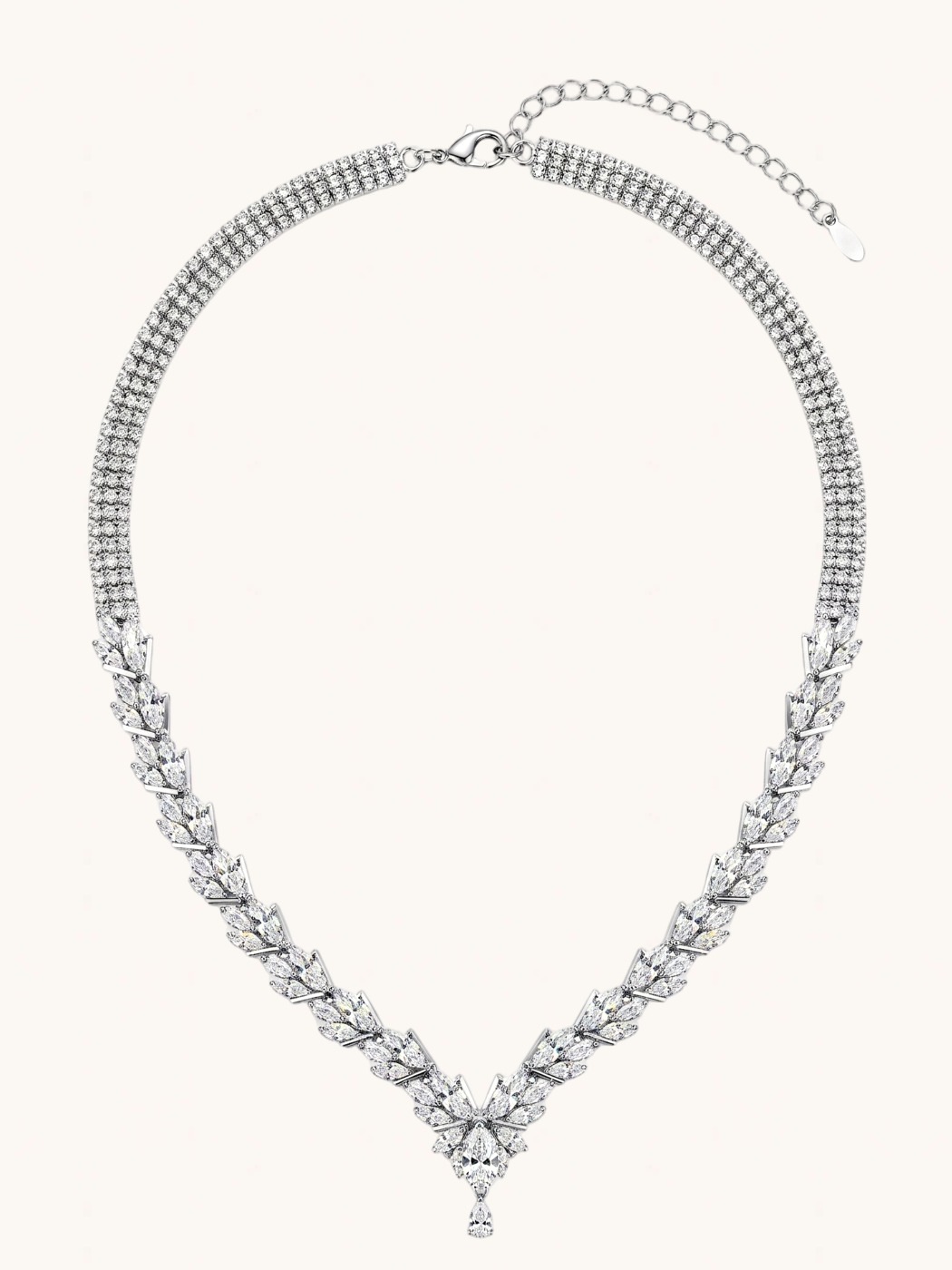 Rear View of Gwen Necklace with Earrings Bracelet and Ring in Rhodium Plated Metal Comfort Fit Copper 16 inches 31.3gms Mix