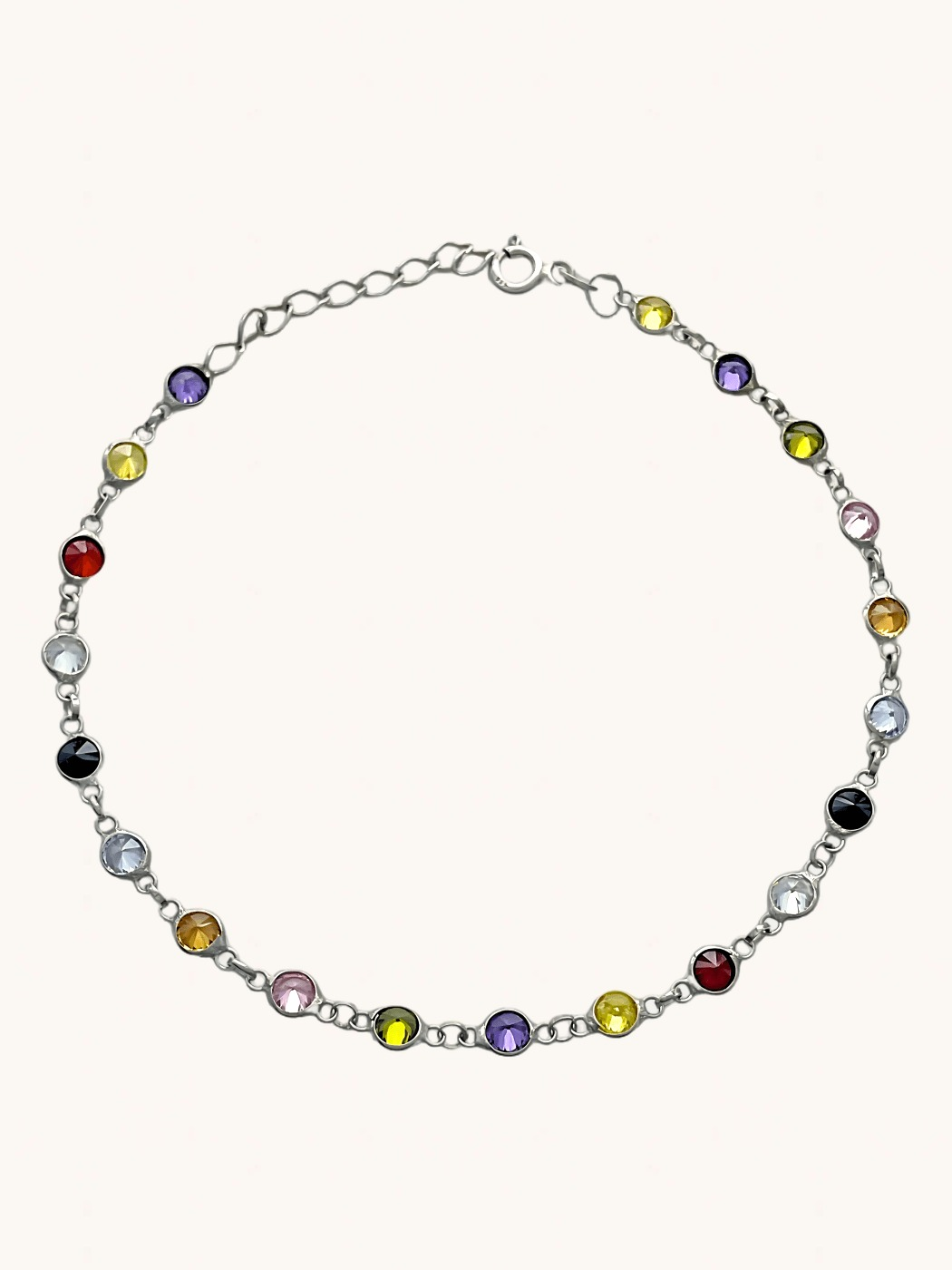 Front View of Cora Rainbow Bracelet in Rhodium Plated Sterling Silver Adjustable Length 925 Metal One Size 3.1gms