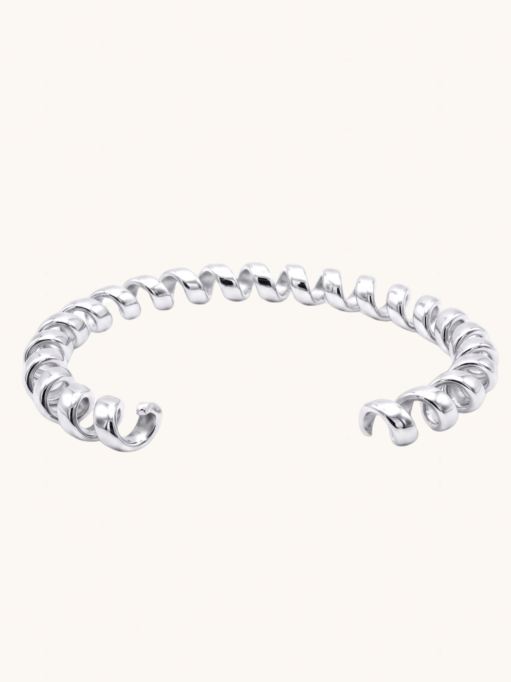 Rear View of Twila Spiral Bangle in Silver-Tone Metal Comfort Fit 18k Gold Plated Steel | Hypoallergenic Tarnish Resistant Sweat Water 8 inches 19.6gms Stainless