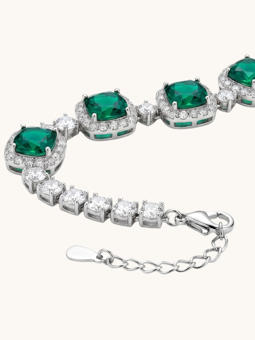 Closeup of Martina Bracelet-Green Comfort Fit Rhodium Plated Copper Metal 8 inches 13.7gms Brass