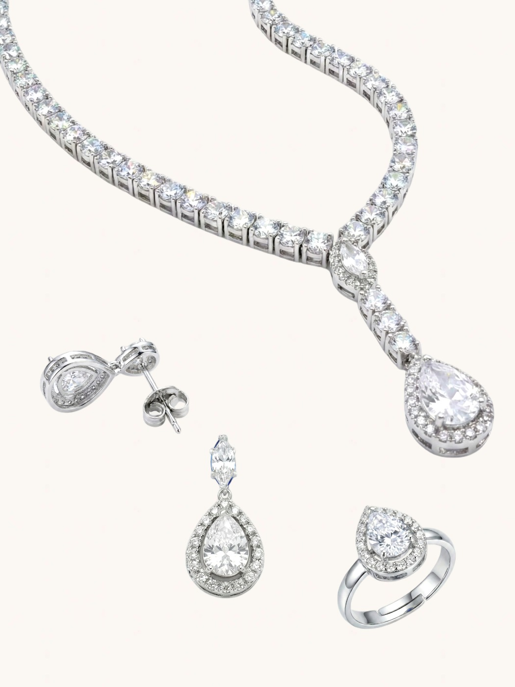 Closeup of Nova White Drop Set with Earrings and Ring in Rhodium Plated Metal Comfort Fit Copper 18.8gms Mix