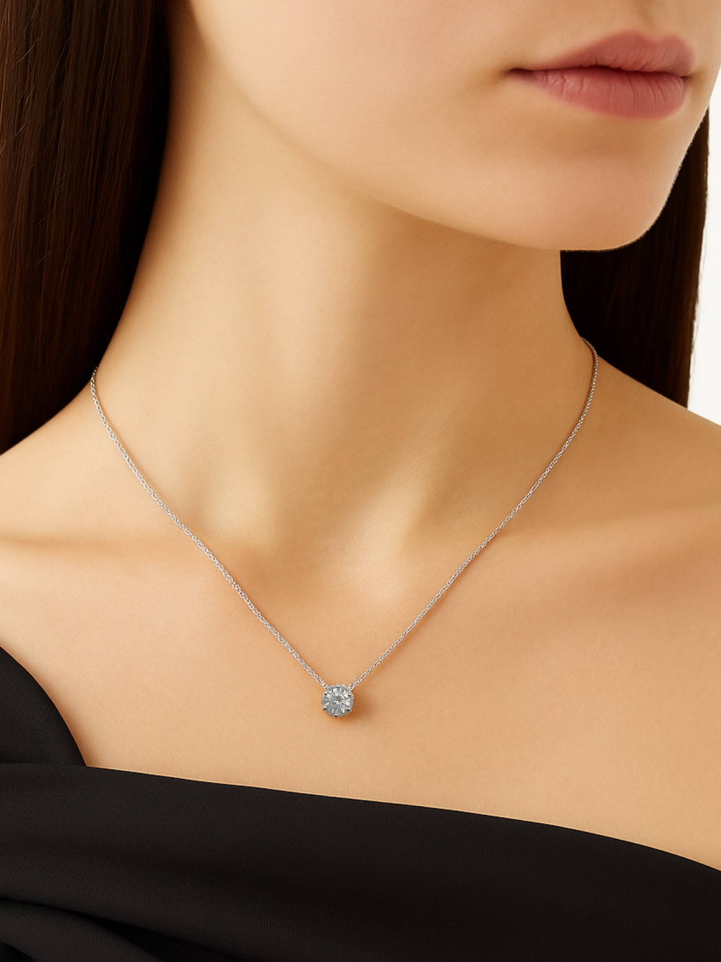 Model Wearing Ava Solitaire Pendant in Rhodium Plated Sterling Silver Adjustable Length 925 Metal Stone One Size 2.7gms