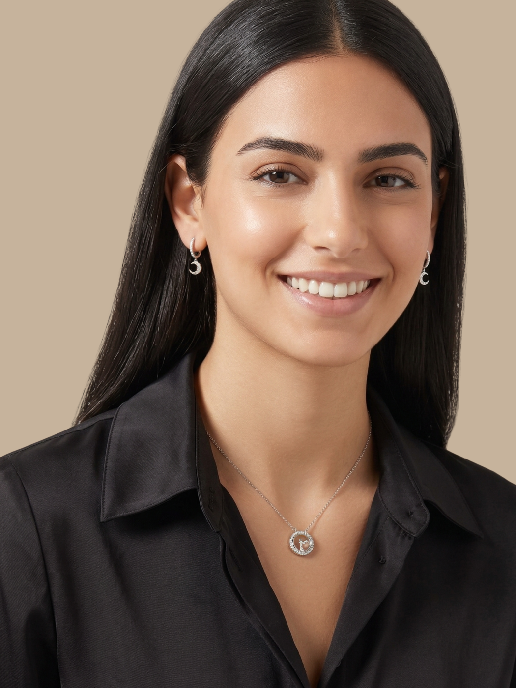 Model Wearing Arabic Letter Alif Charm Pendant Necklace Comfort Fit 925 Sterling Silver 16 inches 4.3gms