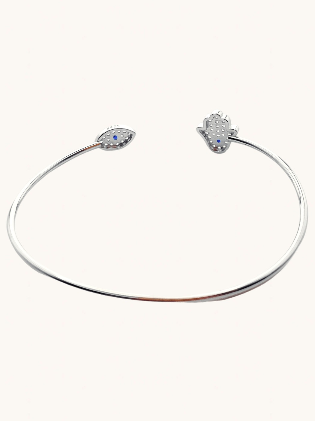 Rear View of Amani Hamsa and Evil Eye Bangle in 925 Sterling Silver Comfort Fit Metal 16 cm 2.6gms