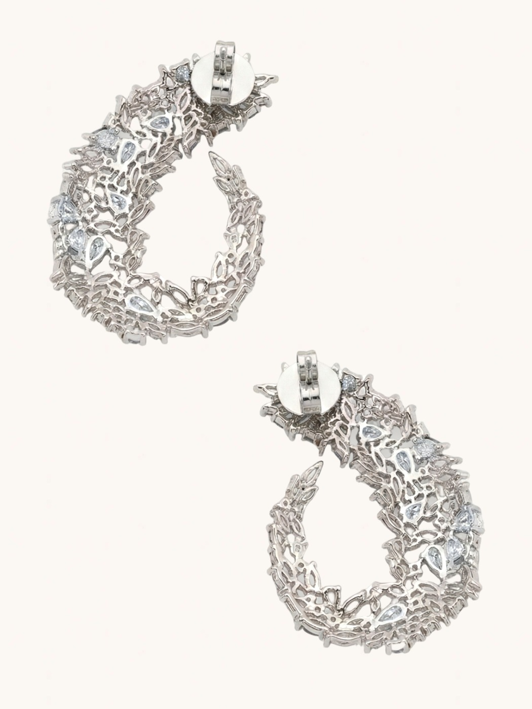 Rear View of Siena Cluster Stud Earrings in Rhodium Plated Metal-White Jewelry for Pierced Ears Post / Pin & Push 925 Sterling Silver Stamp Marked Brass 4.5 cm 14.3gms