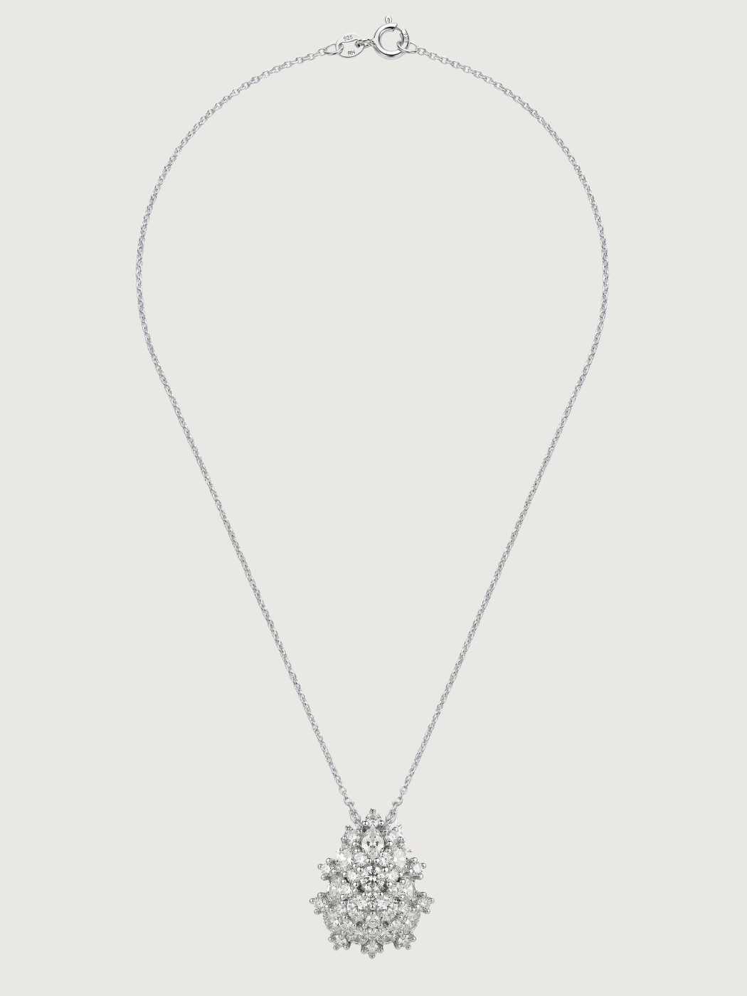 Rear View of Ellara Brooch Pendant in Rhodium Plated Metal Comfort Fit Brass 925 Sterling Silver Chain 16 inches