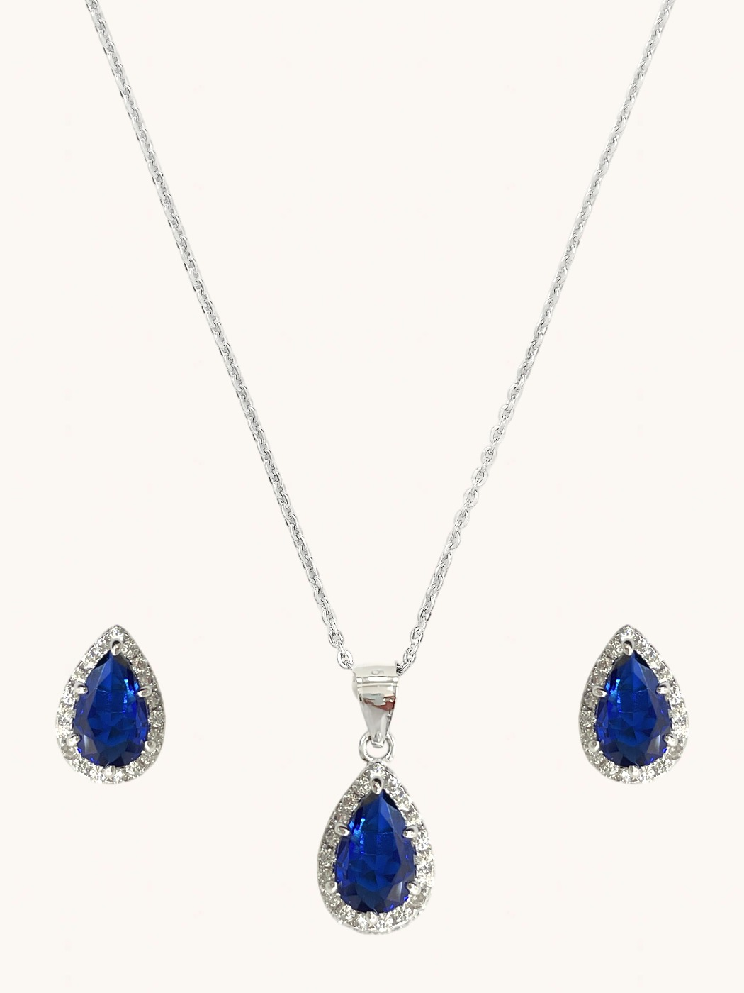 Front View of Zia Drop Pendant Necklace & Stud Earrings in 925 Sterling Silver - Blue Fixed Length Metal 16 inches 4.6gms