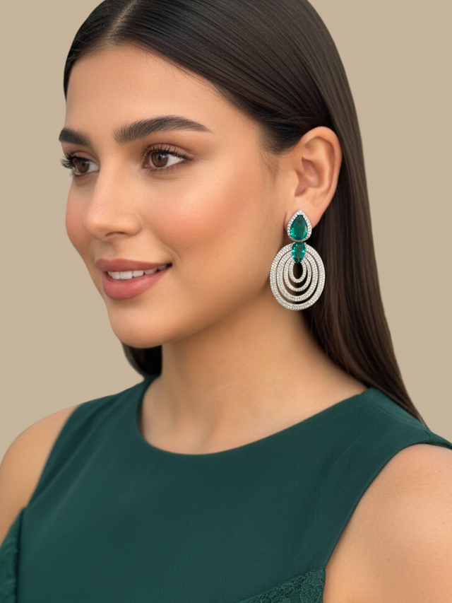 Model Wearing Celestina Dangle Earrings in Rhodium Plated Metal Jewelry for Pierced Ears Brass 925 Sterling Silver 5.5 cm 19.6gms