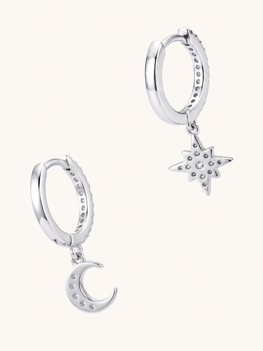 Closeup of Stella Crescent & Star Earrings Jewelry for Pierced Ears 925 Sterling Silver 2 cm 1.4gms