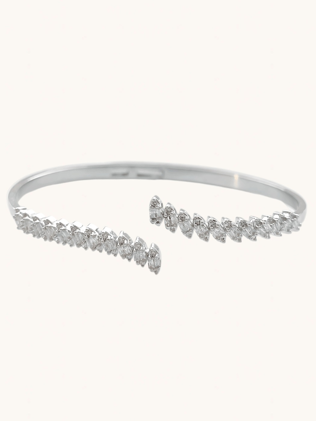 Front View of Leni open Bangle in Rhodium Plated Metal Comfort Fit Copper 18.5 cm 11.8gms Mix