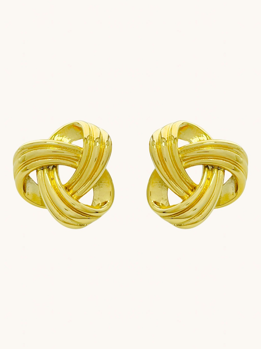 Front View of Julia Knot Stud Earrings in 18K gold Plated Metal Jewelry for Pierced Ears 18k Gold Steel | Hypoallergenic Tarnish Resistant Sweat Water Eco - Friendly One Size 19.5gms Stainless