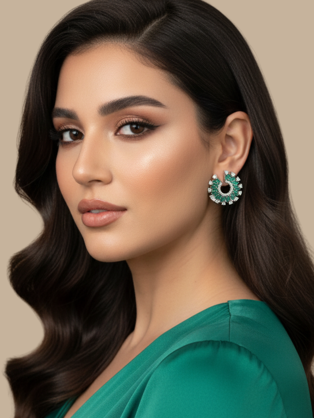 Model Wearing Herina Halo Stud Earrings in Plated Metal-Green Jewelry for Pierced Ears Post / Pin & Push 925 Sterling Silver Stamp Marked Rhodium Brass 3 cm 10.7gms