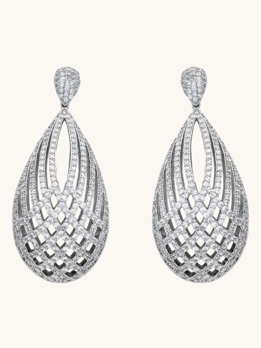 Front View of Emily Drop Earrings Jewelry for Pierced Ears Rhodium Plated Copper 925 Sterling Silver One Size 20.9gms