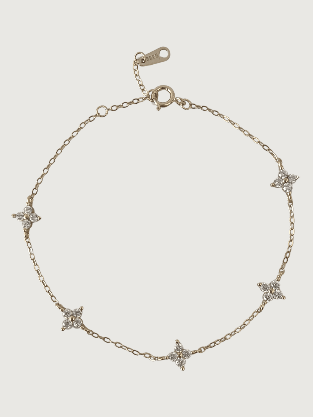 Front View of Irene Star Charm Bracelet in 925 Sterling Silver Adjustable Length Metal 7.5 inches 1.3gms