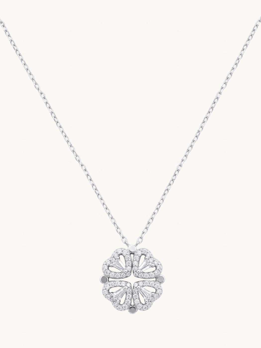 Front View of Cara Heart Clover Versatile Pendant Necklace Adjustable Length 925 Sterling Silver 16 inches 3gms