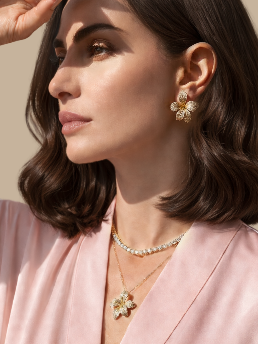 Alternate View of Model Wearing Orchid Bloom Stud Earrings Jewelry for Pierced Ears Post / Pin & Push in 925 Sterling Silver Stamp Marked Gold Plated Copper One Size 9.5gms